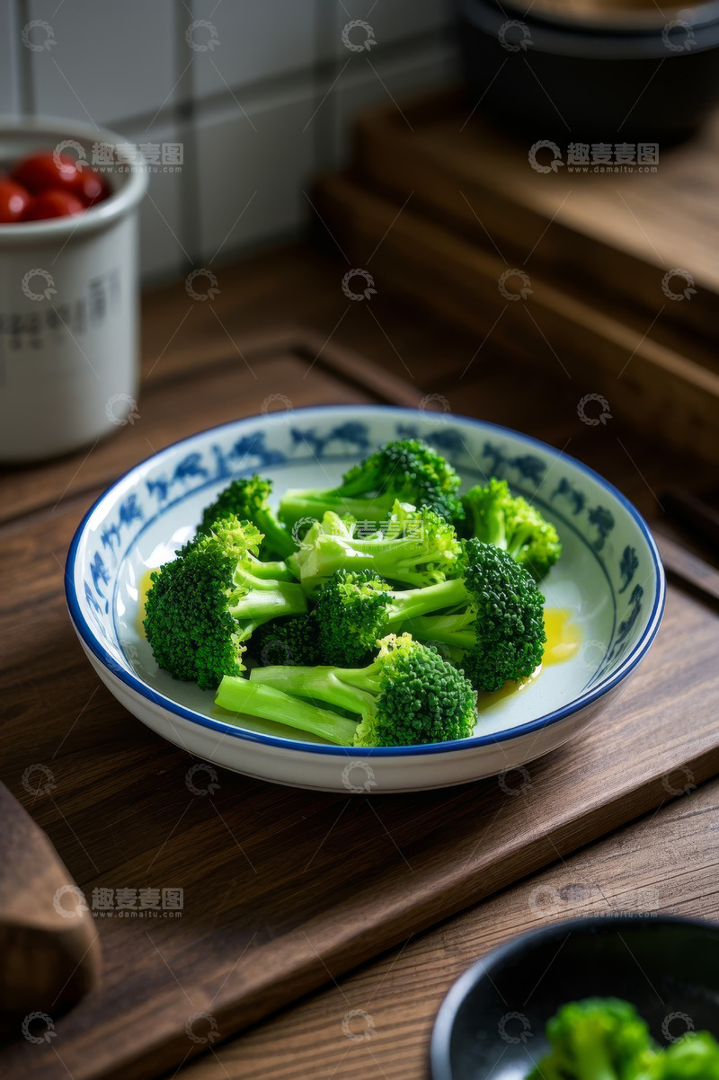 高清大图下载【趣麦麦图】碗装西兰花置于木质台面