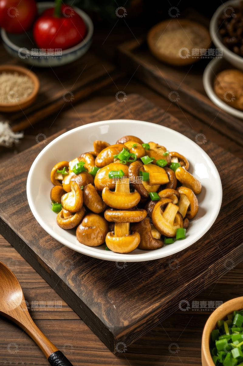 高清大图下载【趣麦麦图】-木盘上的炒蘑菇美食