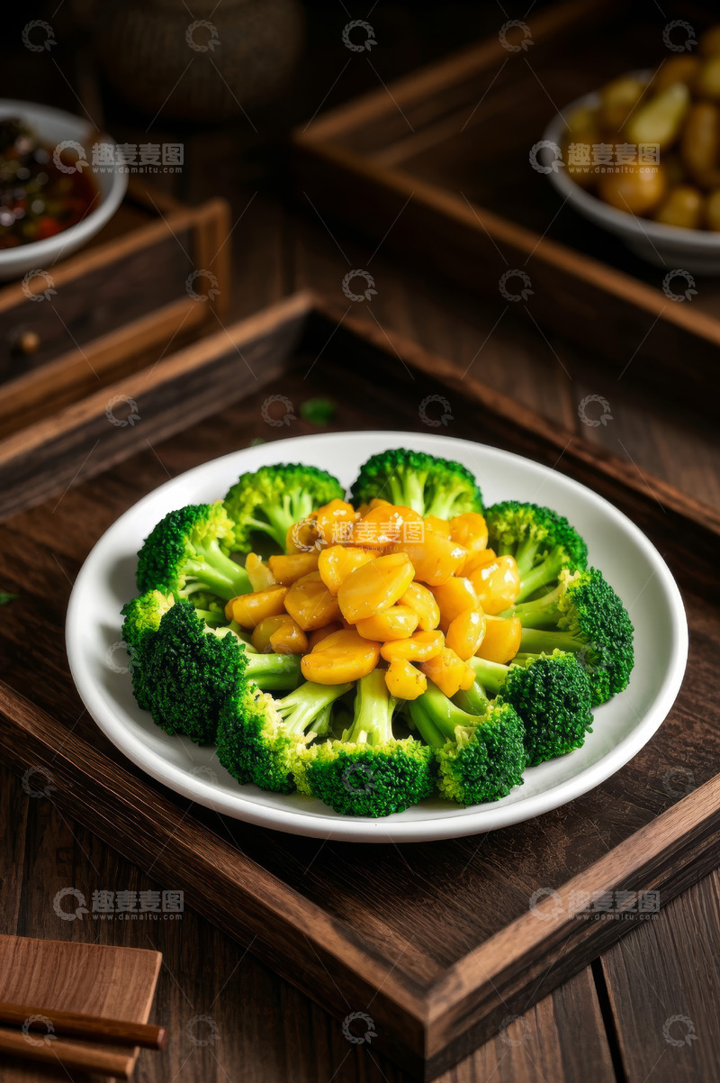 高清大图下载【趣麦麦图】木盘上的西兰花炒白果