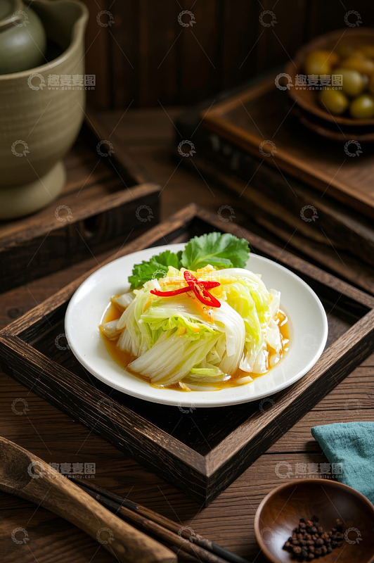 中式摆盘的凉拌白菜美食