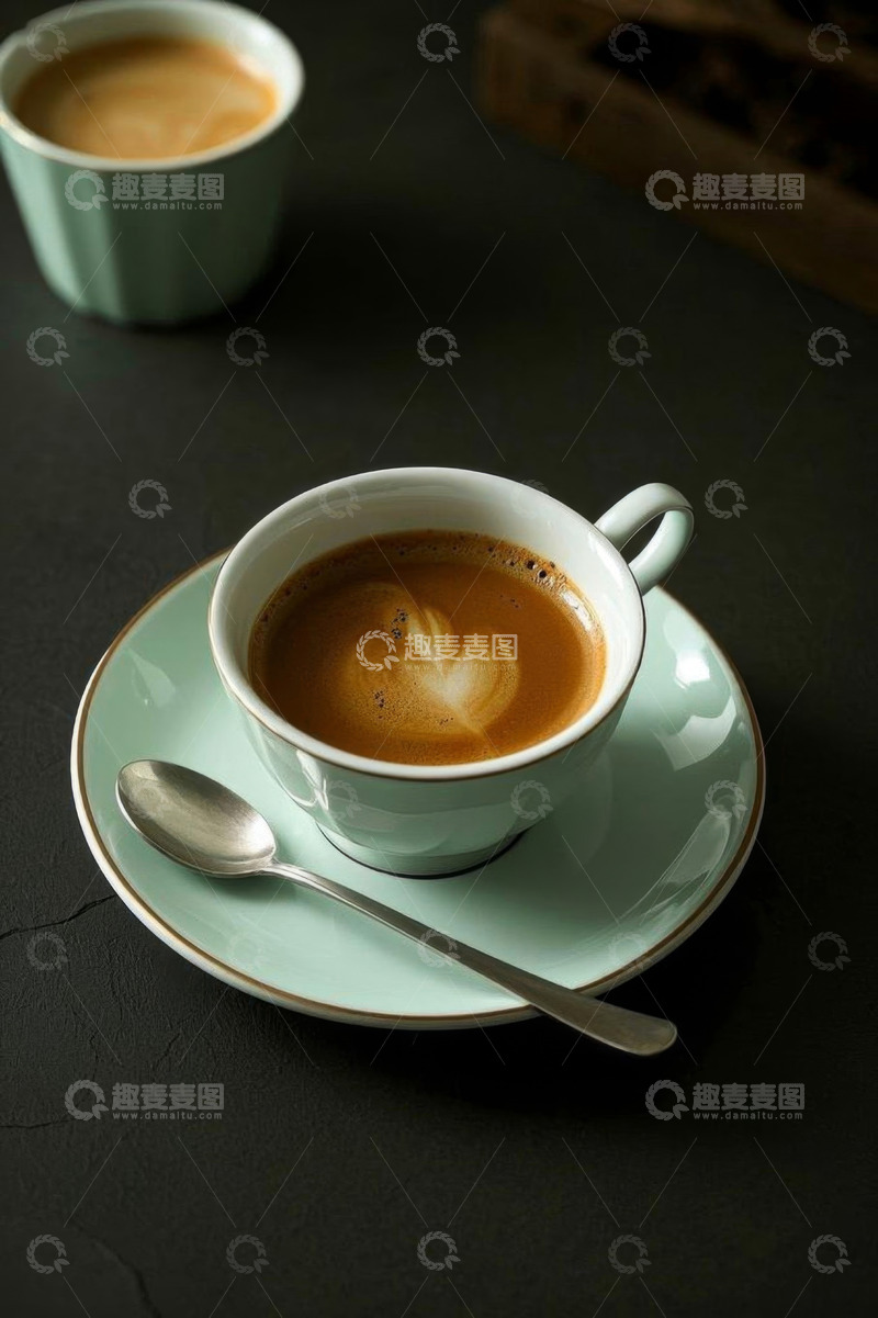 高清大图下载【趣麦麦图】浅绿色杯碟装盛的拉花咖啡