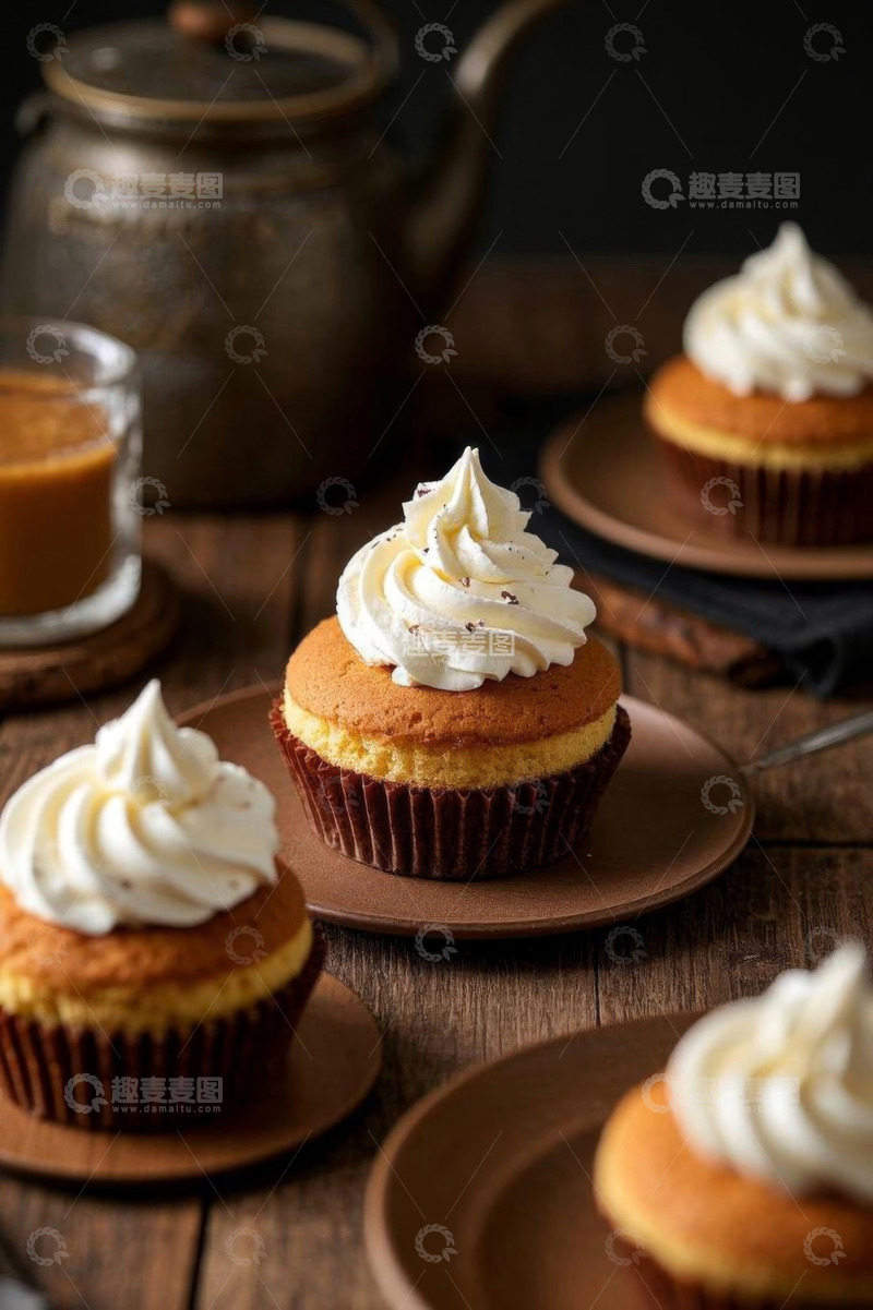高清大图下载【趣麦麦图】木质桌面上的奶油纸杯蛋糕