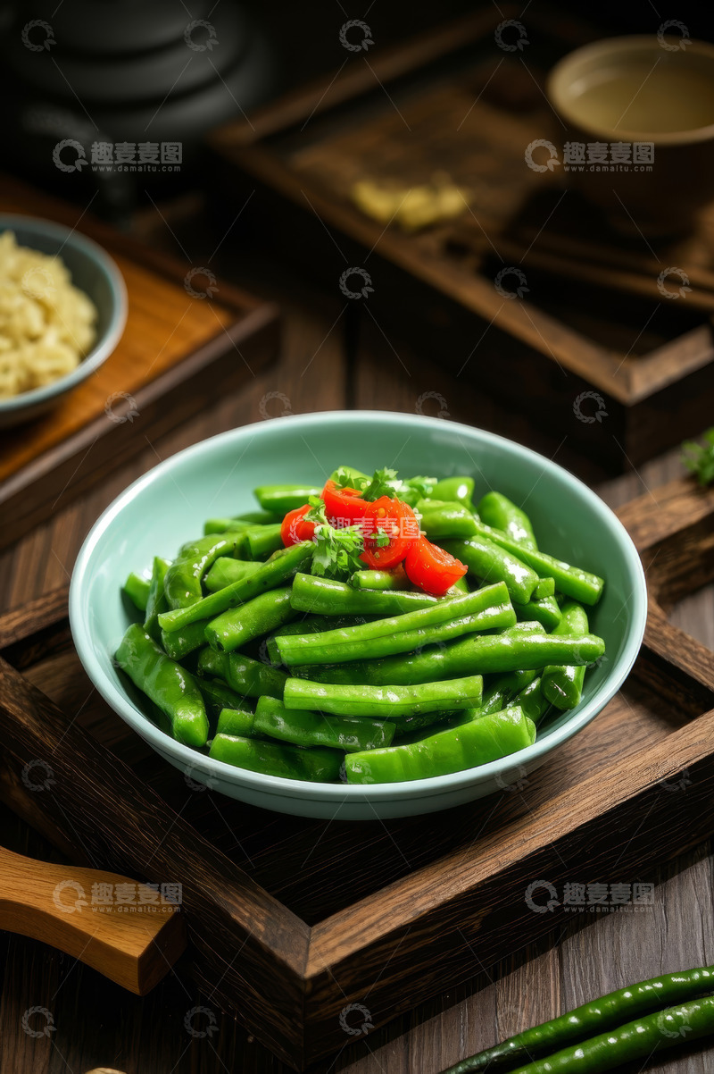 高清大图下载【趣麦麦图】木盘上碗装豆角美食特写