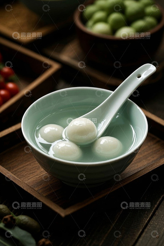 碗中盛着汤圆与汤勺
