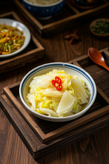 木盘装腌制白菜美食特写