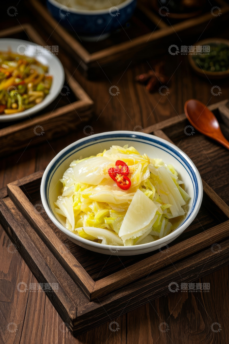 高清大图下载【趣麦麦图】-木盘装腌制白菜美食特写