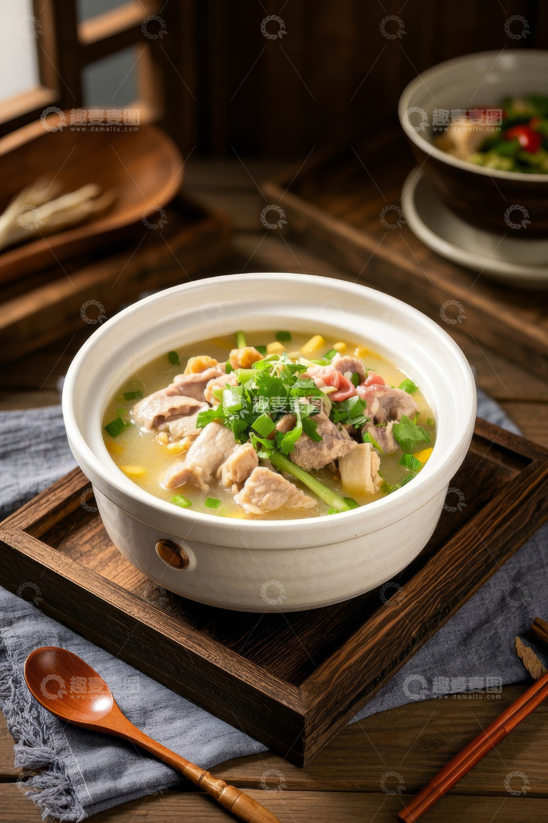 高清大图下载【趣麦麦图】木托盘上的美味鸡肉汤