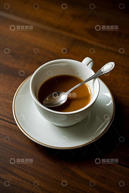 木质桌面上的咖啡杯与勺子