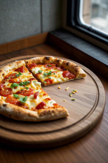 窗边木盘上的美味披萨