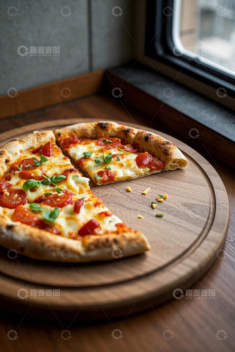 高清大图下载【趣麦麦图】窗边木盘上的美味披萨