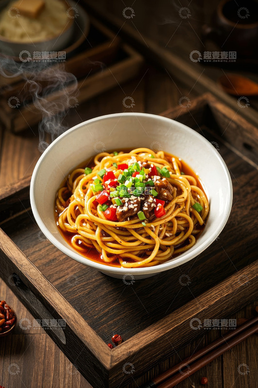 木托盘上的一碗美味面条