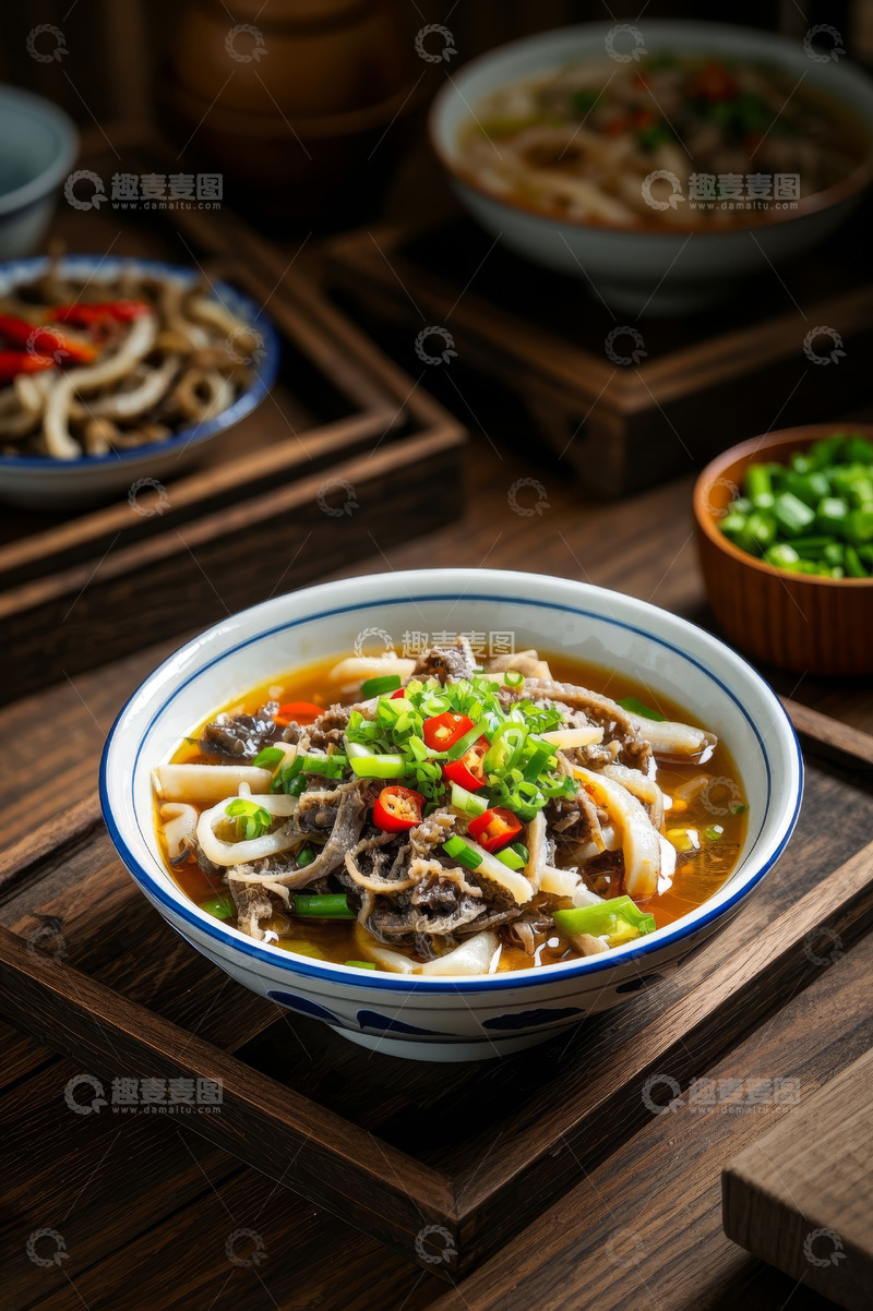 高清大图下载【趣麦麦图】木桌上的牛肉粉美食特写