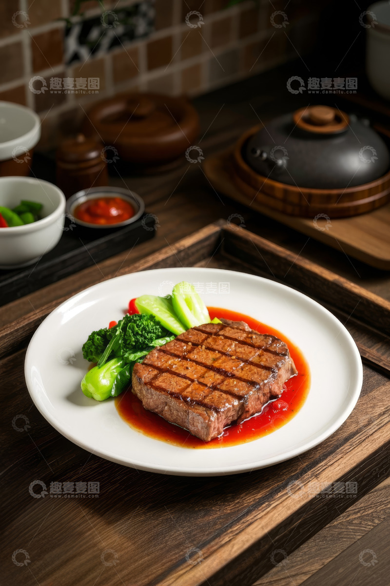 高清大图下载【趣麦麦图】牛排配蔬菜摆盘特写