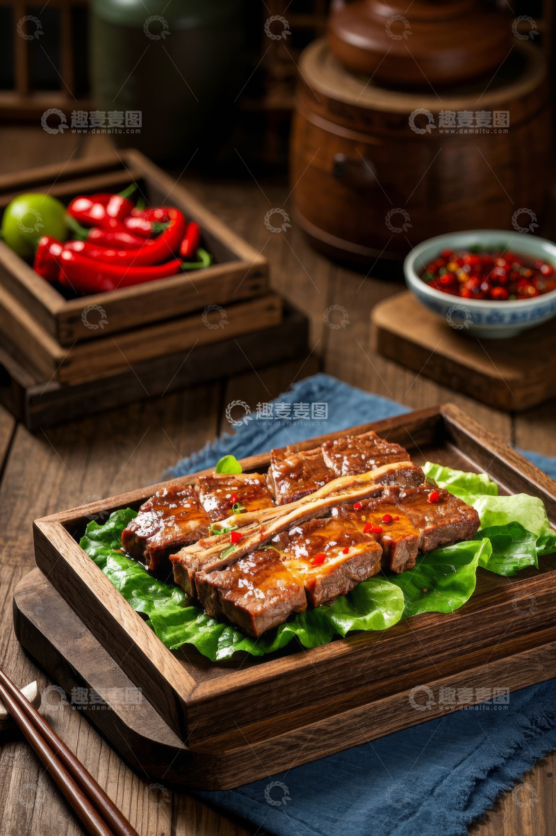 高清大图下载【趣麦麦图】木盘装盛的美味烤肉摆盘