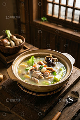 陶锅盛装的山珍菌菇蔬菜汤