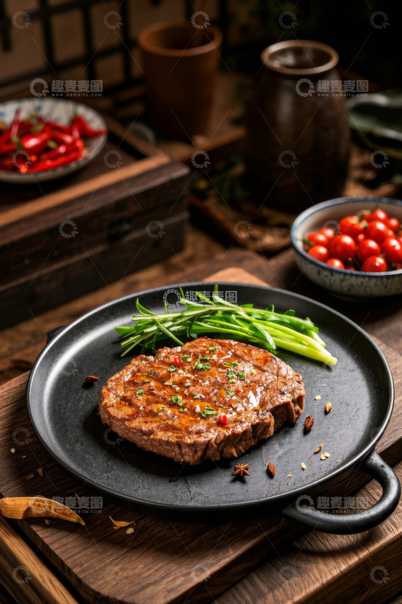 高清大图下载【趣麦麦图】黑盘上的美味牛排与配菜