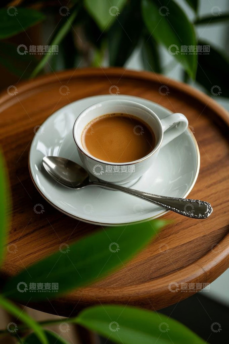 高清大图下载【趣麦麦图】木桌上的咖啡杯与勺子