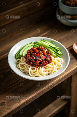 木桌上的炸酱面美食照片