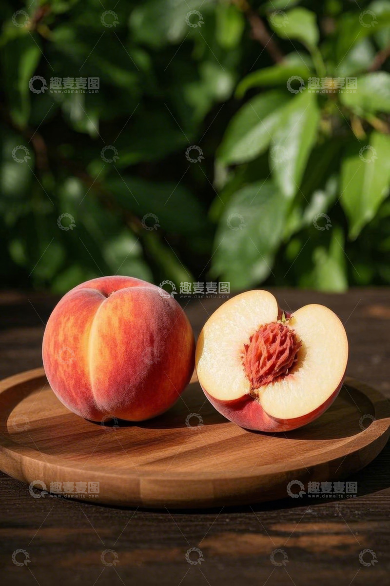 高清大图下载【趣麦麦图】木盘上的鲜桃与半切桃子