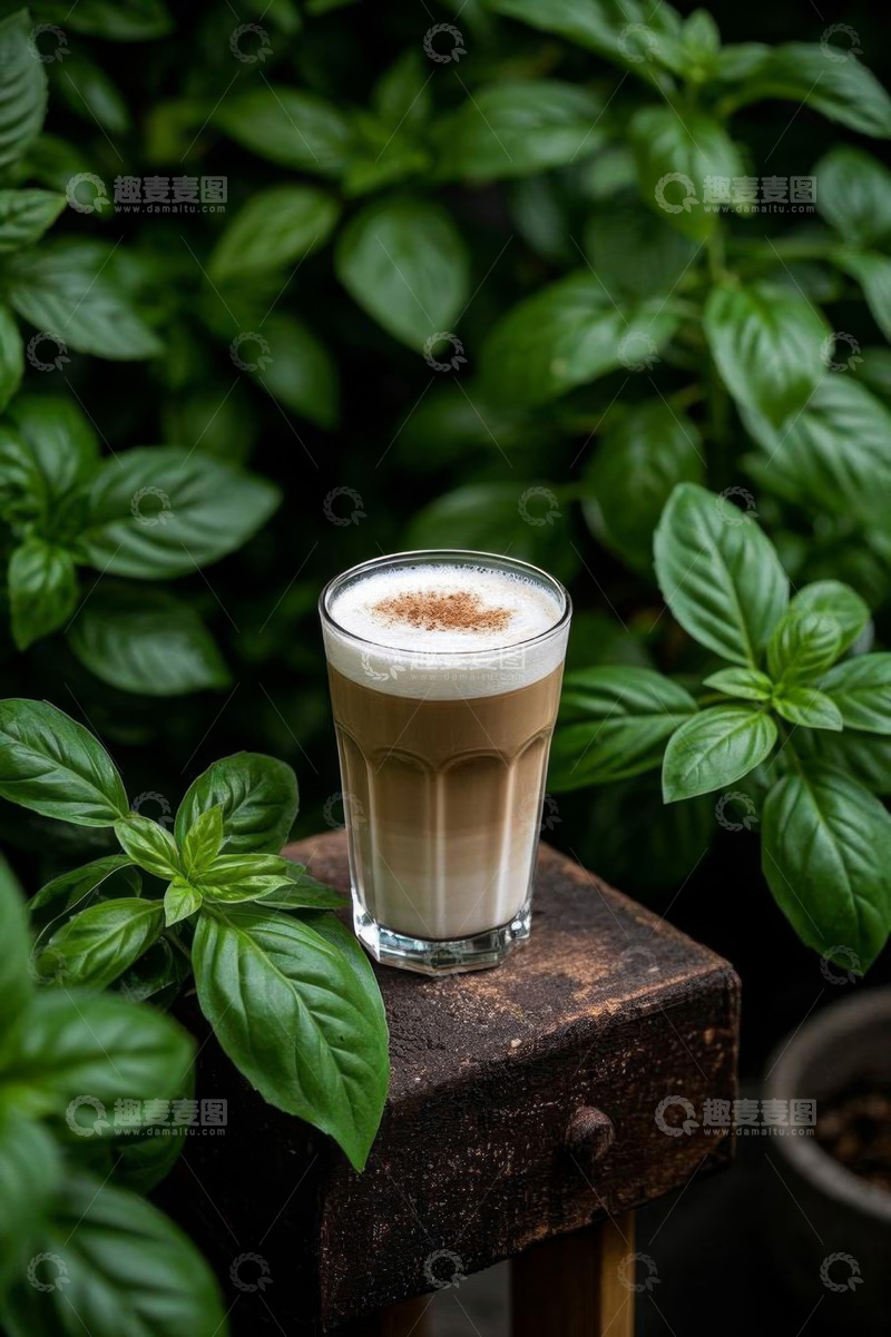 高清大图下载【趣麦麦图】绿植旁的卡布奇诺咖啡