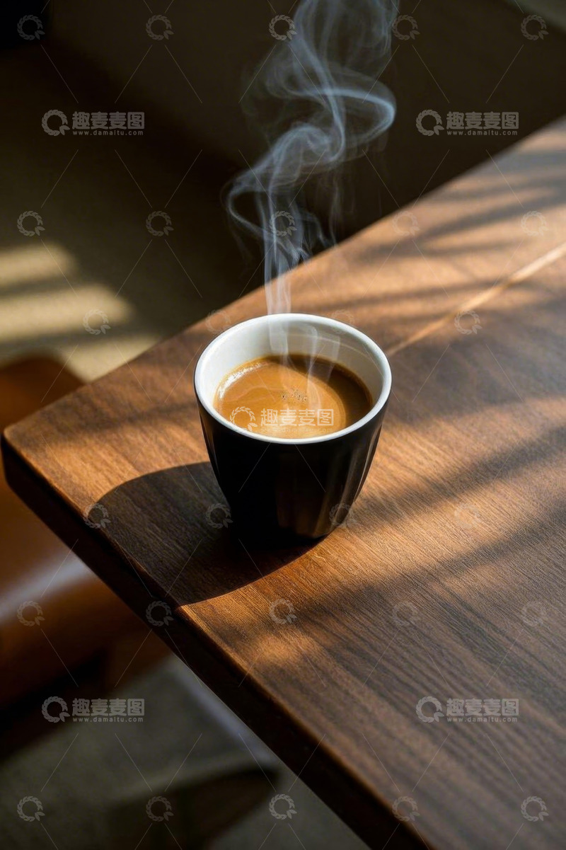 高清大图下载【趣麦麦图】木桌上热气腾腾的咖啡杯