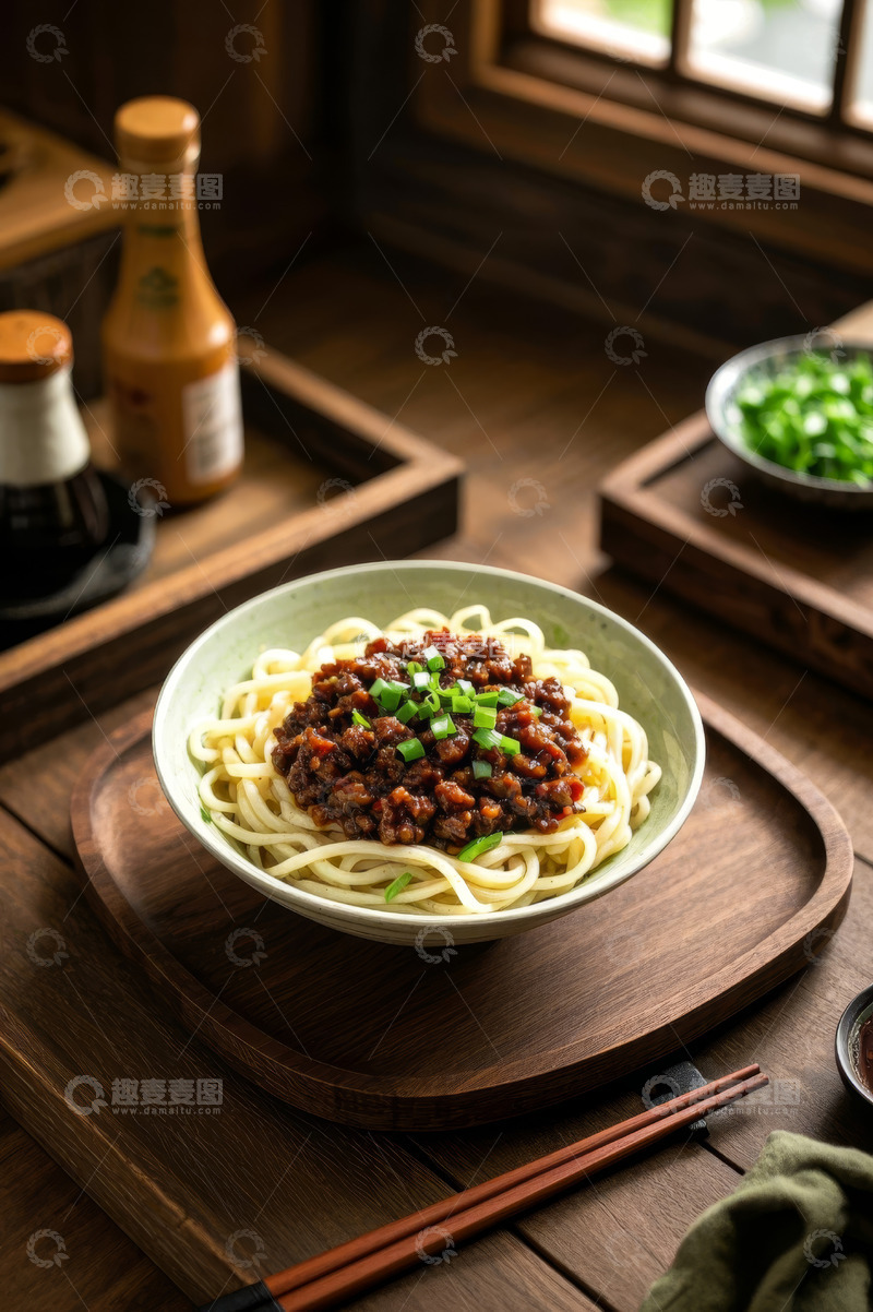 高清大图下载【趣麦麦图】木盘上的美味肉酱面条