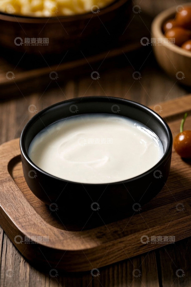 高清大图下载【趣麦麦图】木盘上黑碗装的白色酸奶
