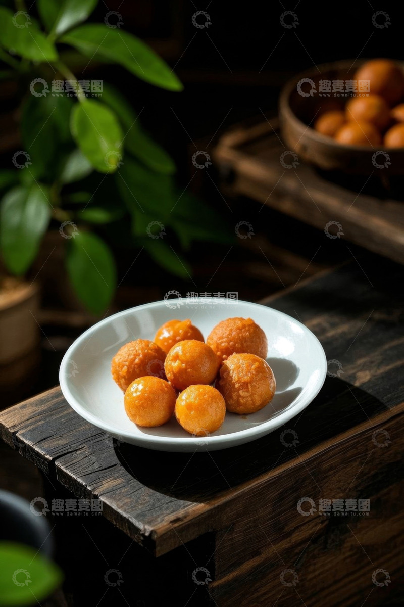 高清大图下载【趣麦麦图】木桌上白盘内的美味小吃