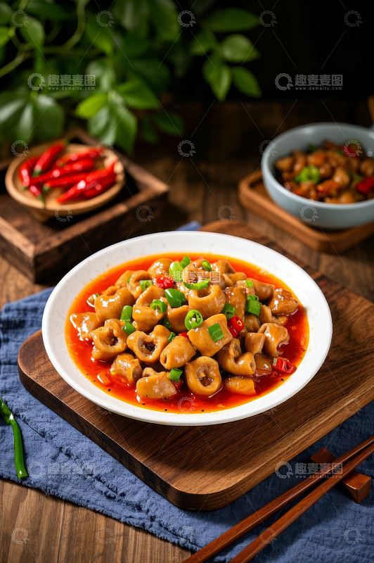 木盘装盛的香辣肥肠菜肴