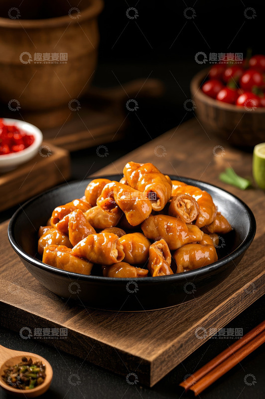 黑碗装卤味猪大肠美食特写