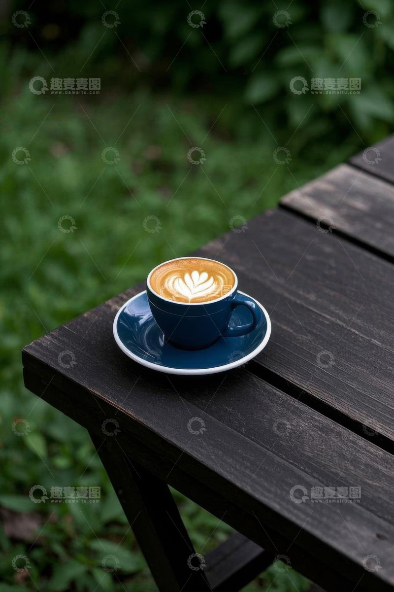 高清大图下载【趣麦麦图】户外木桌上的蓝色咖啡杯