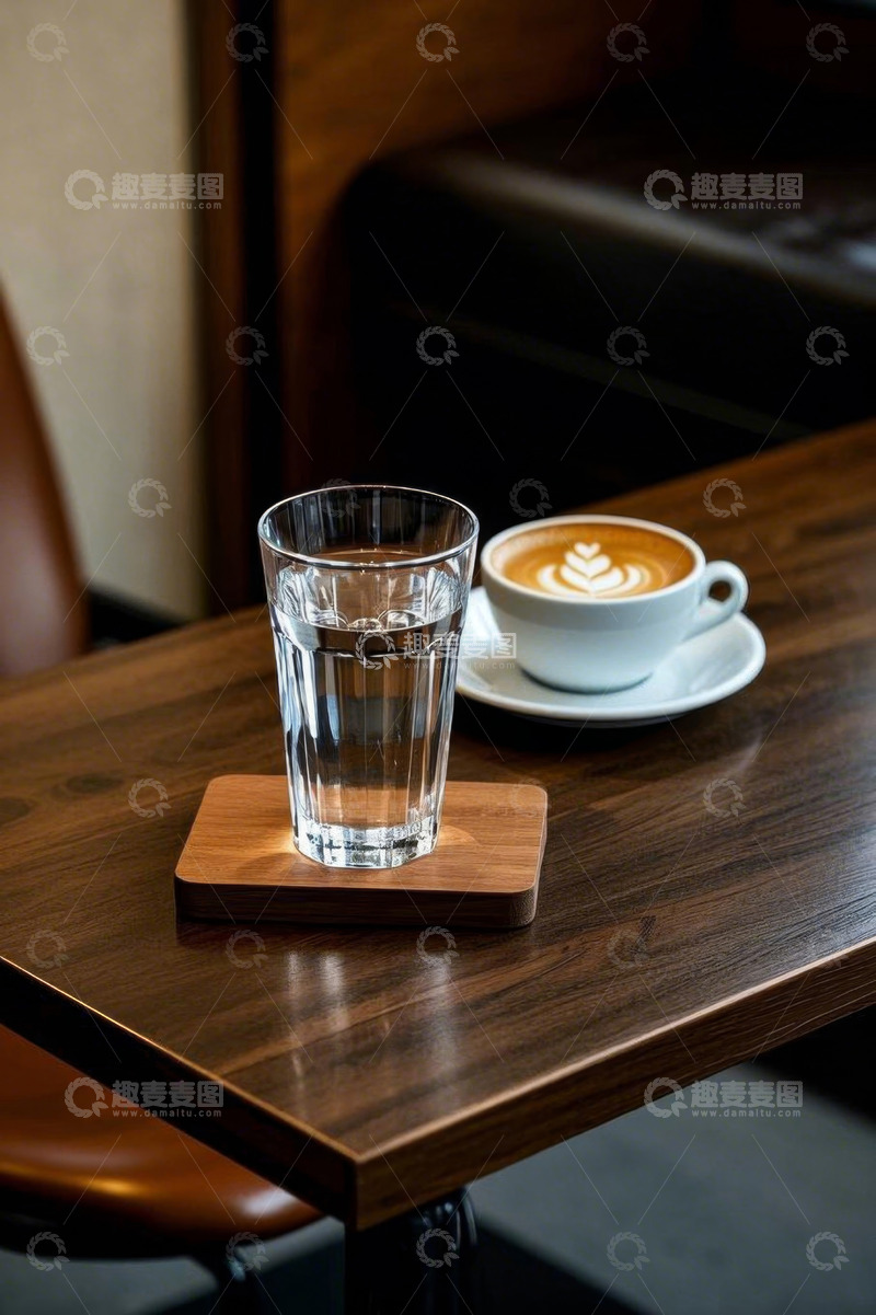 高清大图下载【趣麦麦图】木桌摆放咖啡与水杯场景