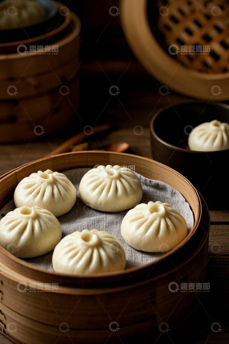 高清大图下载【趣麦麦图】竹蒸笼里的美味小笼包