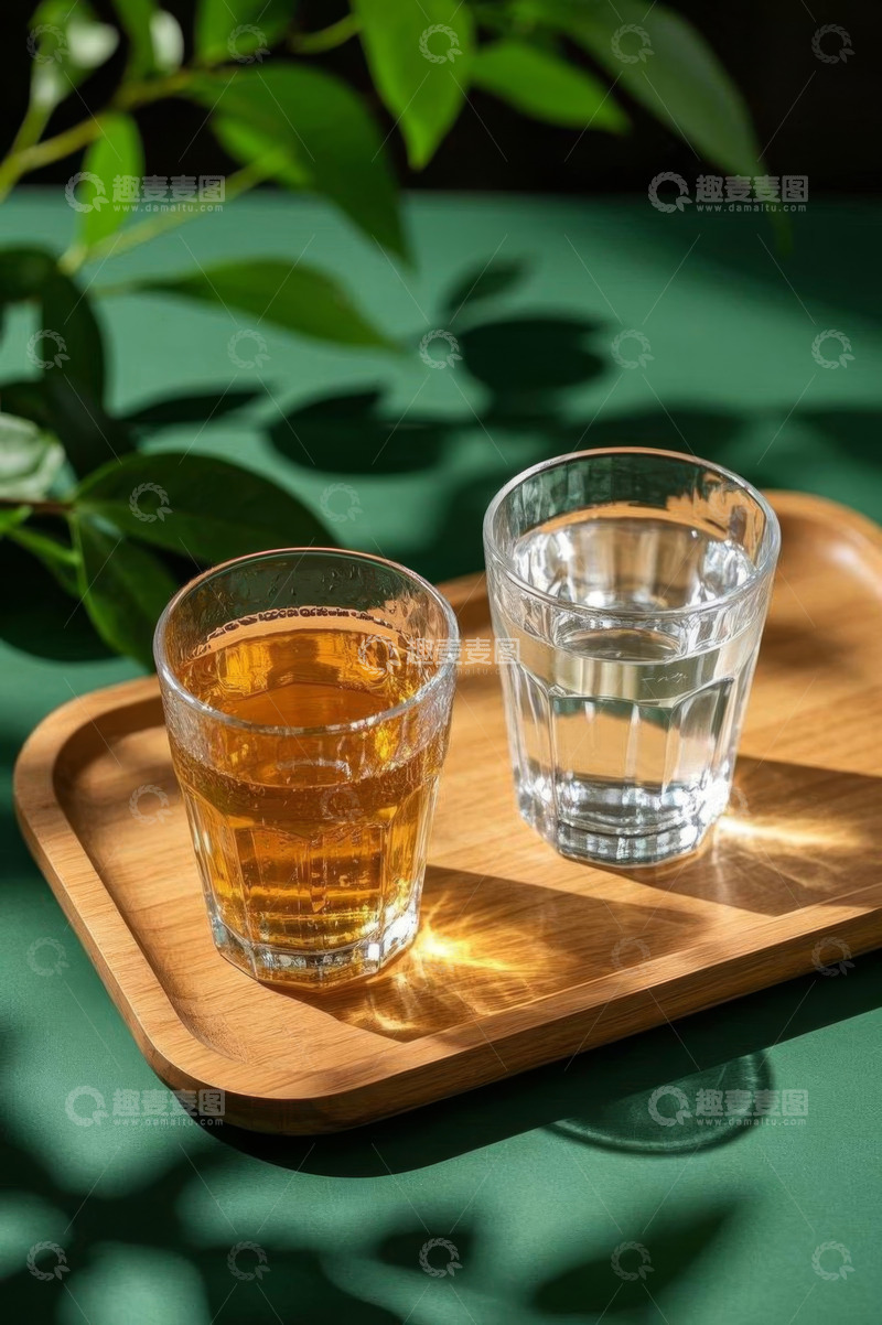 高清大图下载【趣麦麦图】木托盘上的玻璃饮料和水