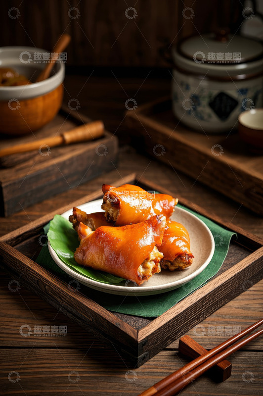 木盘上的美味卤猪蹄