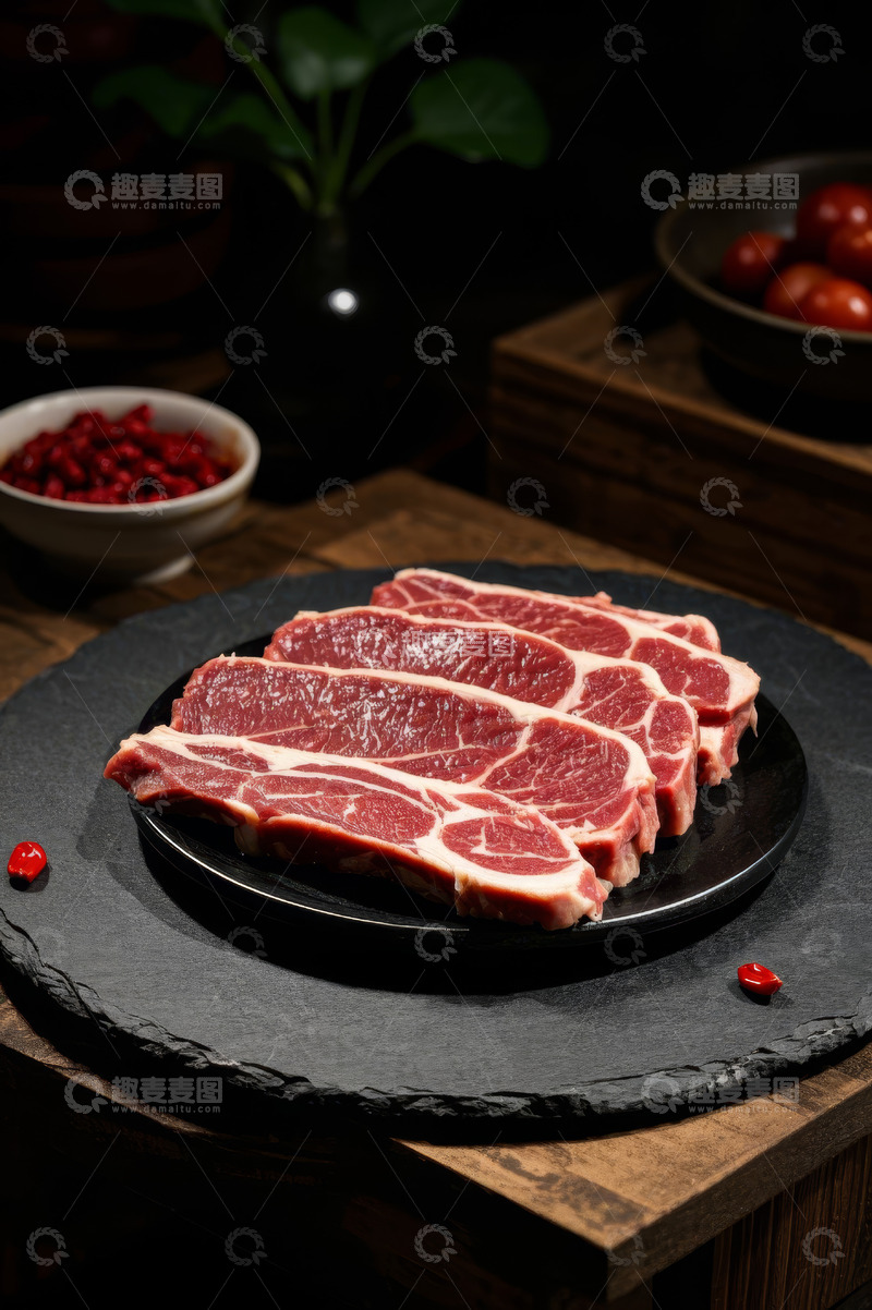 高清大图下载【趣麦麦图】黑盘上摆放的新鲜牛肉肉片