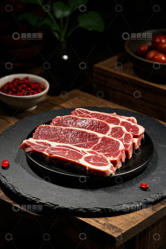 黑盘上摆放的新鲜牛肉肉片
