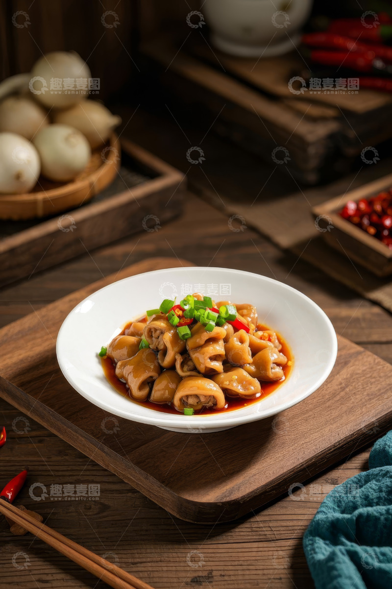 高清大图下载【趣麦麦图】木盘上的凉拌猪肠美食