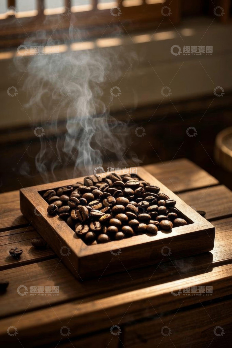 高清大图下载【趣麦麦图】木盘内热气腾腾的咖啡豆