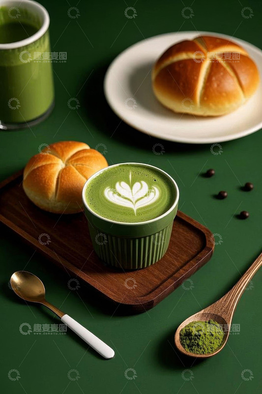 抹茶饮品与面包美食组合
