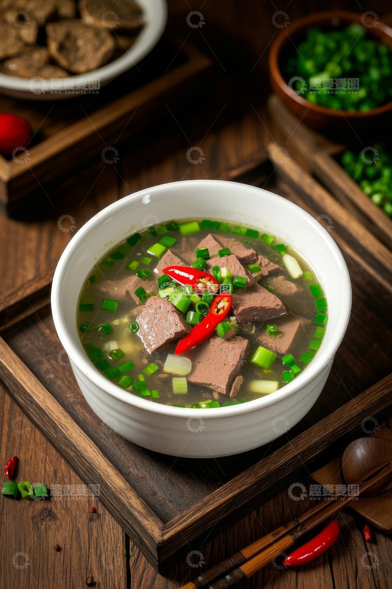 高清大图下载【趣麦麦图】木盘盛猪血葱花汤美食特写