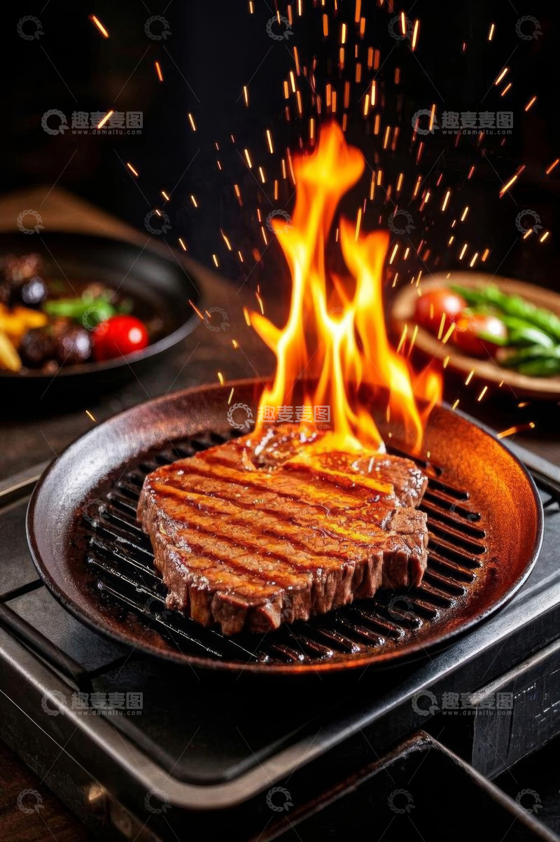 高清大图下载【趣麦麦图】铁板火焰牛排烹饪场景