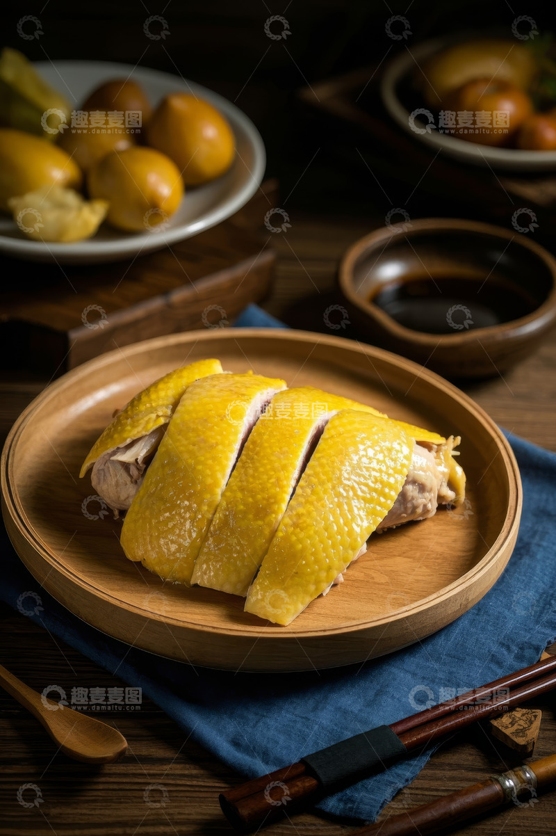 高清大图下载【趣麦麦图】木盘上的切好白切鸡美食