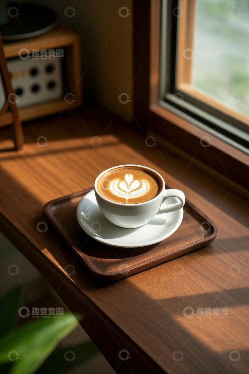 高清大图下载【趣麦麦图】窗边木桌上的拉花咖啡