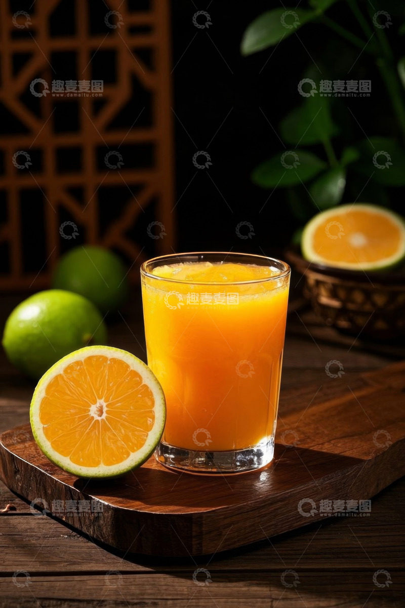 高清大图下载【趣麦麦图】木盘上的一杯鲜榨橙汁