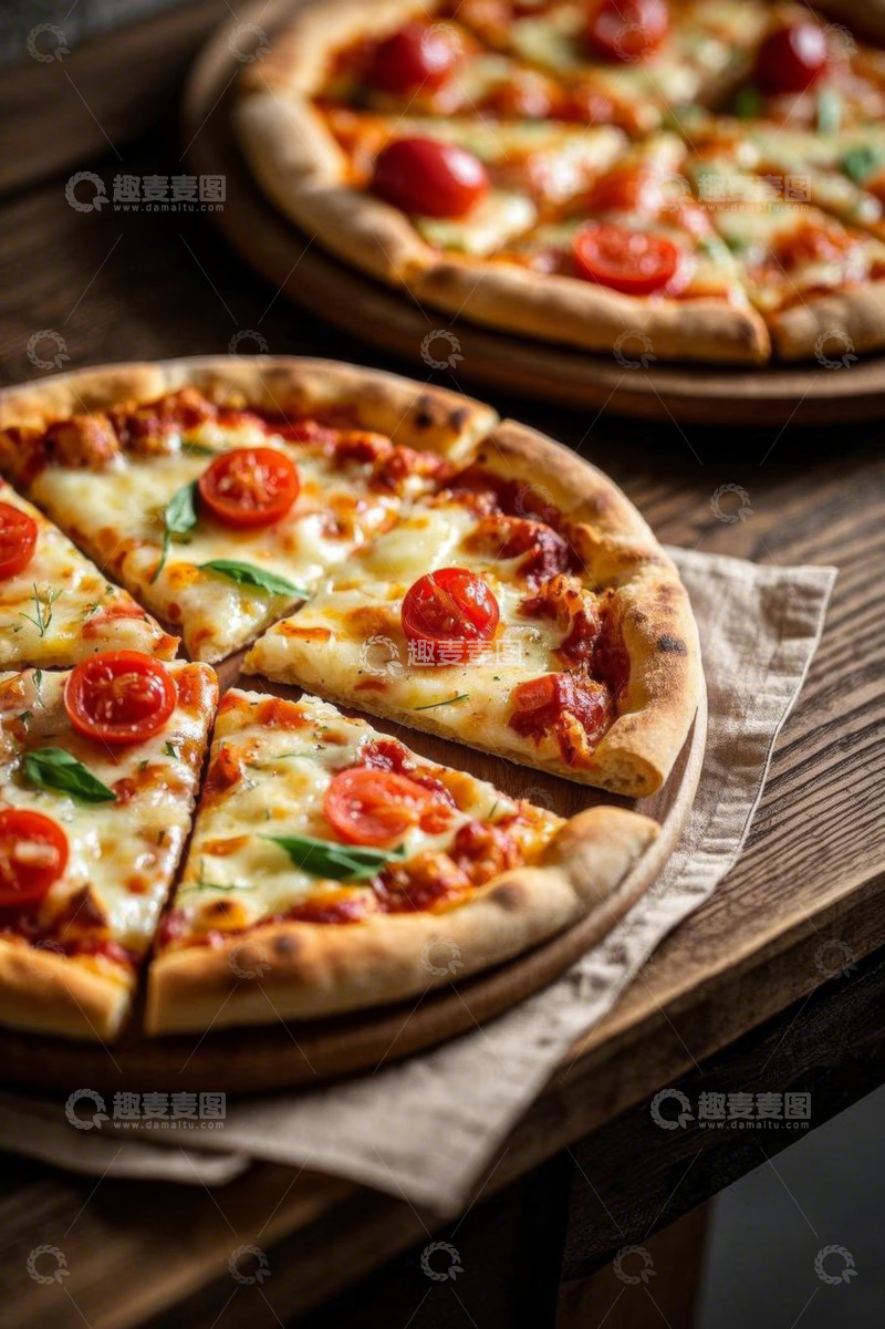 高清大图下载【趣麦麦图】木质桌面上的美味番茄披萨