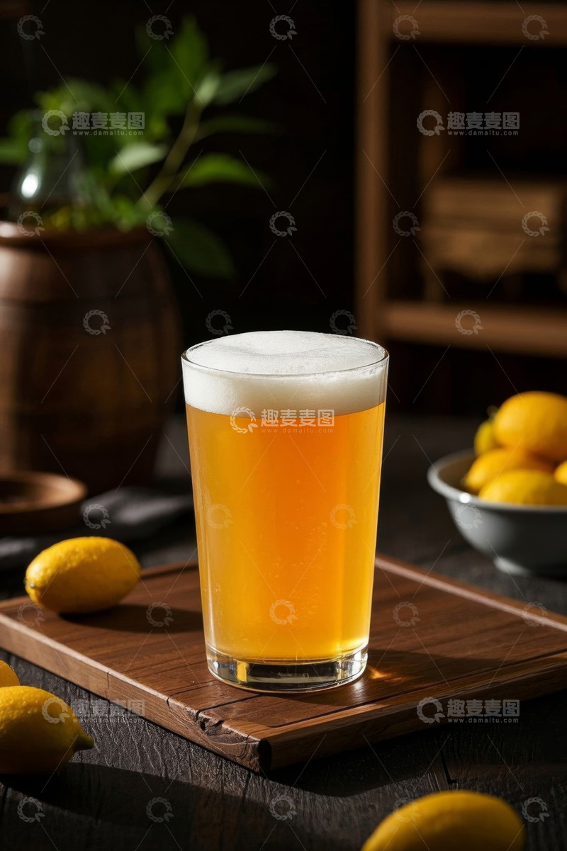 高清大图下载【趣麦麦图】木托盘上的一杯泡沫啤酒