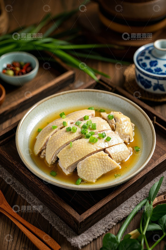 中式摆盘的白切鸡肉美食