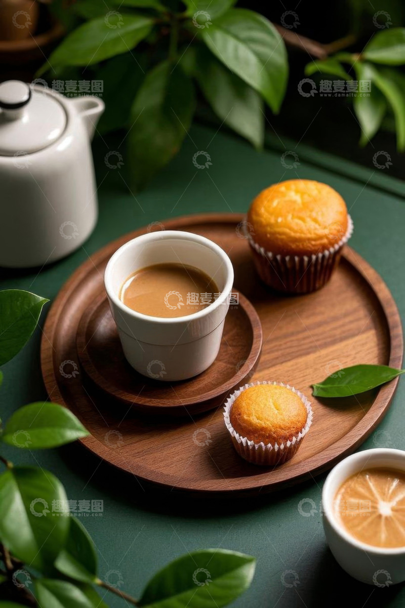 高清大图下载【趣麦麦图】托盘上的咖啡与纸杯蛋糕