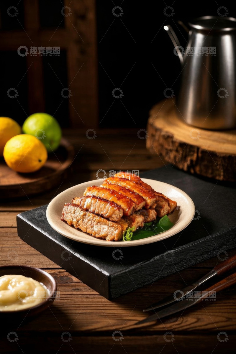 高清大图下载【趣麦麦图】木桌上摆放的美味烤肉美食